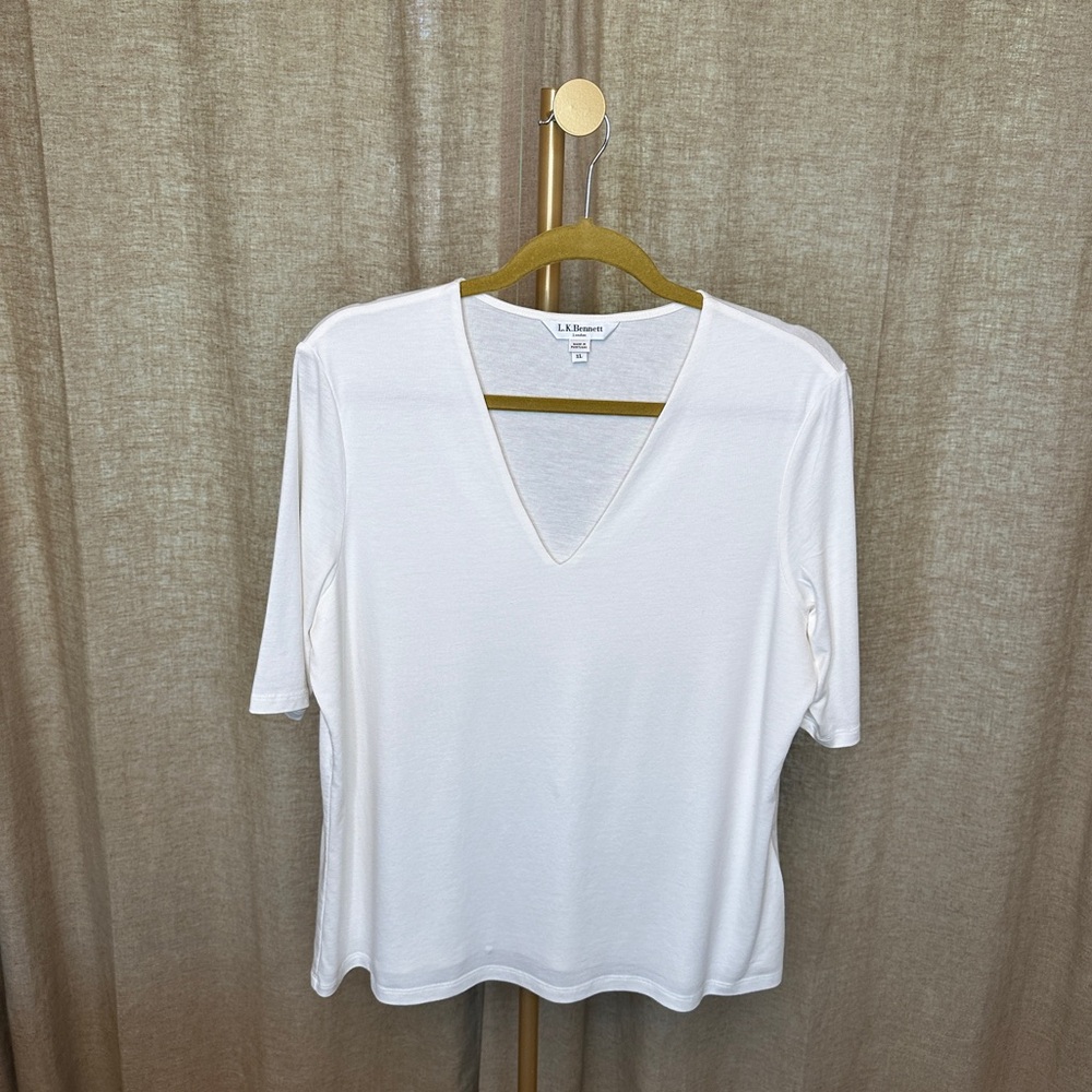 L.K. Bennett, Cream Jersey Knit, Double Layer Front, V-neck Top, Size XL